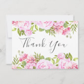 バラの花の優雅なスクリプトを飾った、ほのかなピンクのフローラルデザイン サンキューカード (正面)