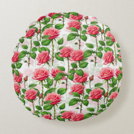 バラの花フローラの葉パターン ラウンドクッション