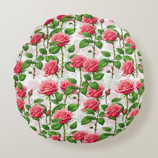 バラの花フローラの葉パターン ラウンドクッション (正面)