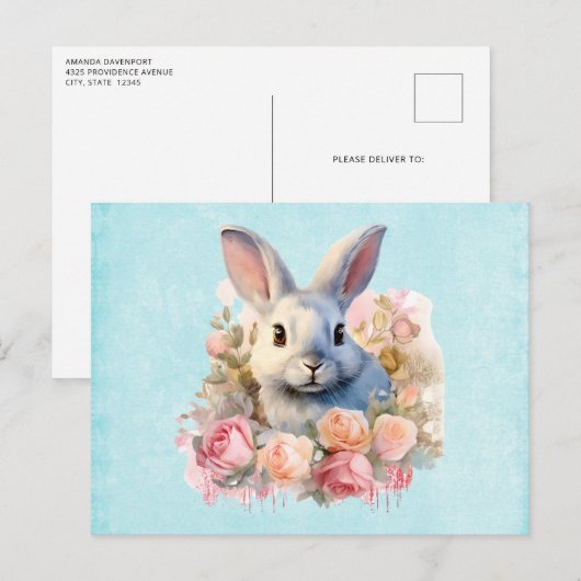 バラの花冠のウサギ 可愛い ポストカード (正面/裏面)