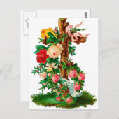 バラの花束が付いたアンティークの木製クロス ポストカード (正面/裏面)