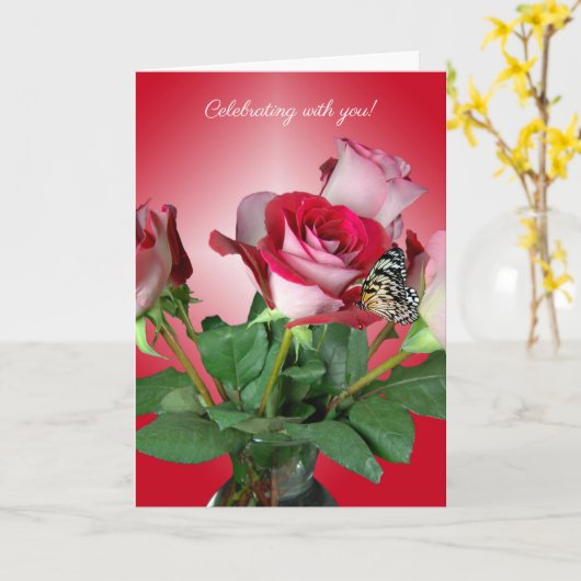 バラの花束の蝶 カード (黄色い花)