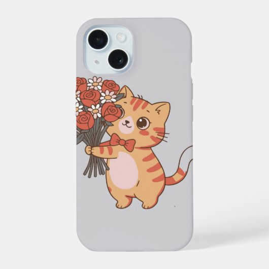 バラの花束を持つかわいい子猫 iPhone 15ケース (裏面)