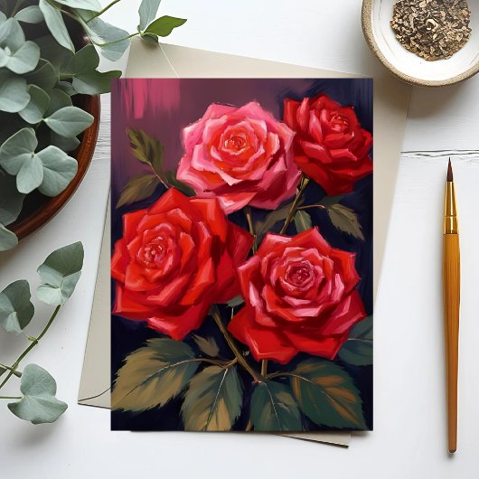 バラの花束|赤い花の水彩画 ポストカード