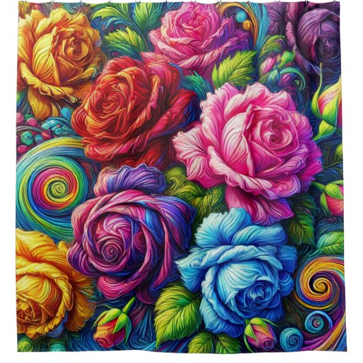バラの花柄の鮮やかな渦巻きアート シャワーカーテン (正面)