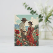バラの花畑のヴィンテージカップル ポストカード (スタンド正面)