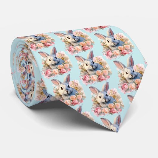 バラの花輪を付けたうさぎのかわいいパターン ネクタイ (ロール)