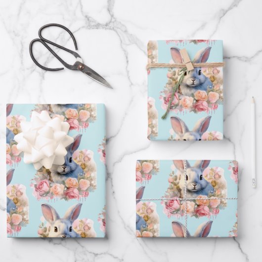 バラの花輪を付けたうさぎのかわいいパターン ラッピングペーパーシート (正面)