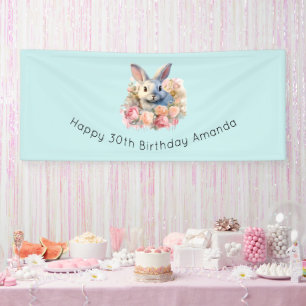 バラの花輪を付けたうさぎ かわいい誕生日 横断幕