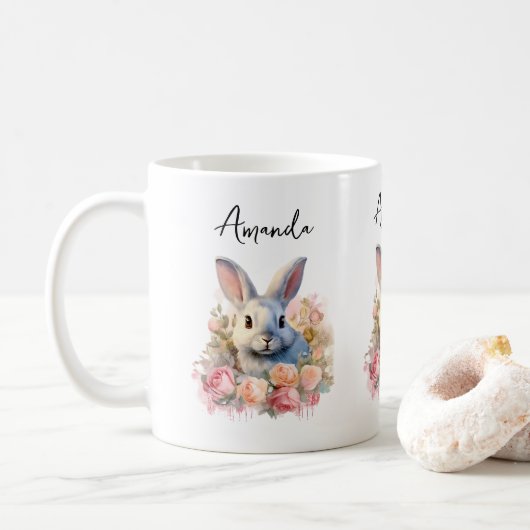 バラの花輪を付けたうさぎ かわいい コーヒーマグカップ (ドーナツ)