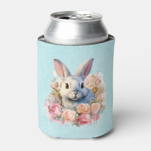 バラの花輪を付けたうさぎ かわいい 缶クーラー (缶正面)