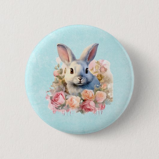 バラの花輪を付けたかわいいウサギ 缶バッジ (正面)