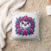 バラの花輪を付けたかわいいペンギン クッション (ブランケット)