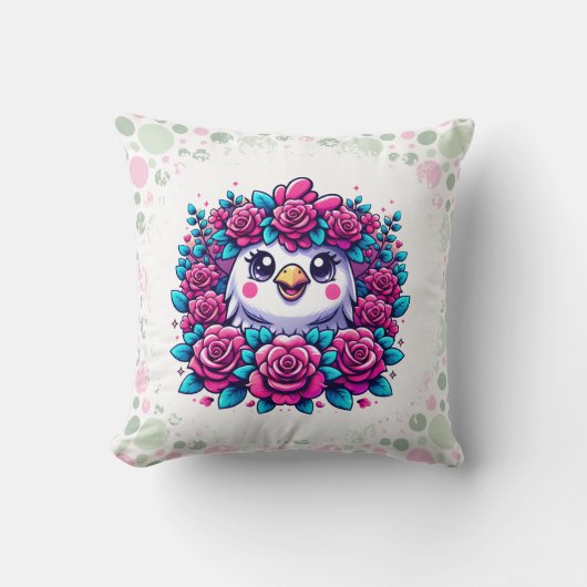 バラの花輪を付けたかわいいペンギン クッション (正面)