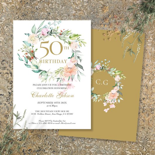 バラの花輪モノグラム 50歳の誕生日 招待状