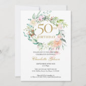 バラの花輪モノグラム 50歳の誕生日 招待状 (正面)