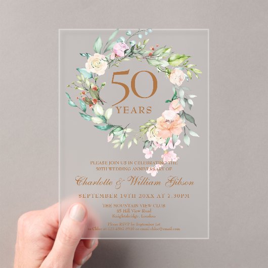 バラの花輪 50回目の結婚記念日 アクリル招待状 (インサイチュ (ポータブル))