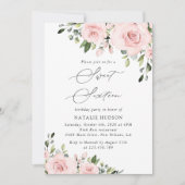 バラの花、ピンクの花、グリーン、スイート16 招待状 (正面)