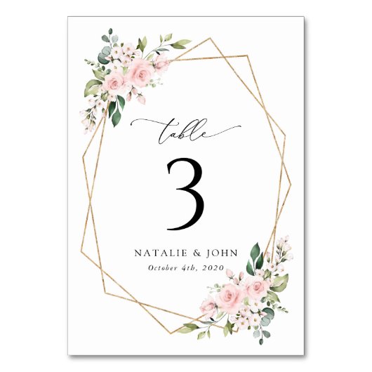 バラの花、ピンクの花、グリーン、結婚式 テーブルナンバー (正面)