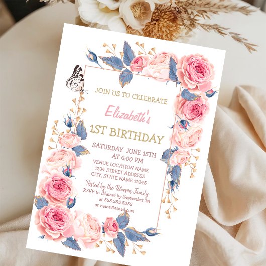 バラの花+蝶のストライプの誕生日  招待状
