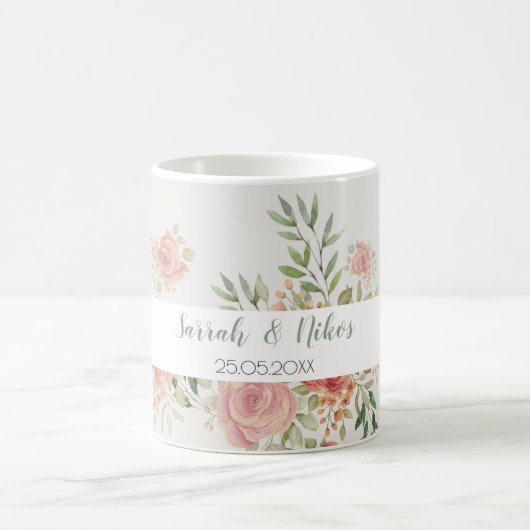 バラの茂み水彩アートモノグラム コーヒーマグカップ (中央)