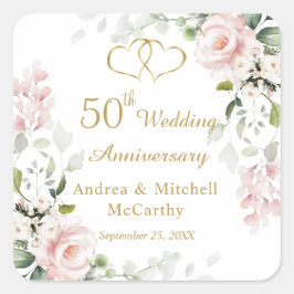 バラの葉ハート結婚50周年 スクエアシール