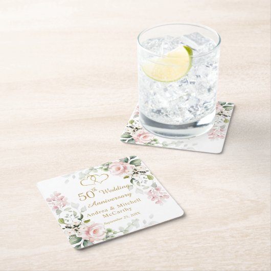 バラの葉ハート結婚50周年 スクエアペーパーコースター (インサイチュ)