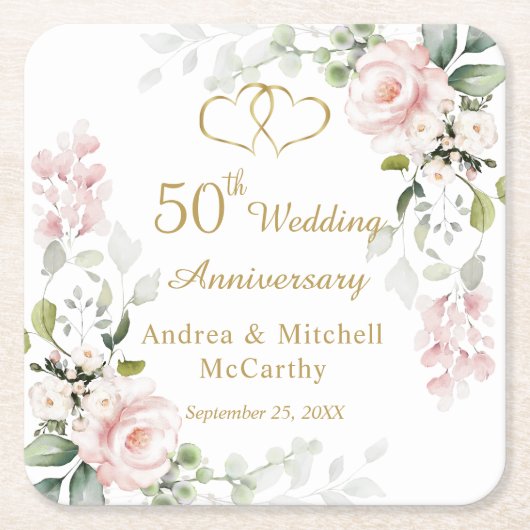 バラの葉ハート結婚50周年 スクエアペーパーコースター (正面)