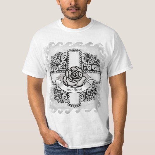 バラの透かし彫りキリスト教の十字架Tシャツ Tシャツ (正面)