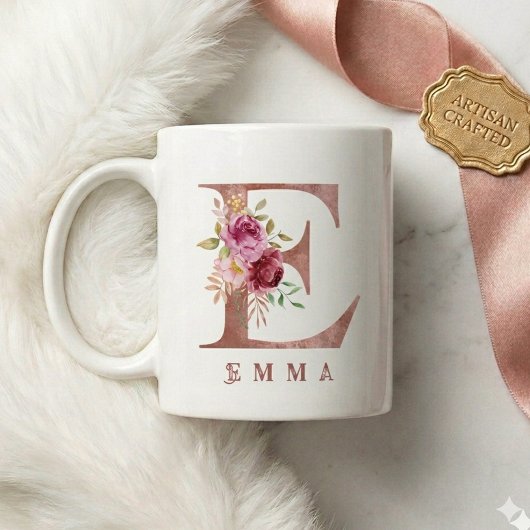 バラの金色の花のイニシャルEモノグラム入り名入れギフト コーヒーマグカップ