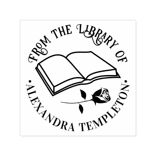 バラの飾られた開いた本 "From the Library of" 名前 セルフインキングスタンプ (デザイン)