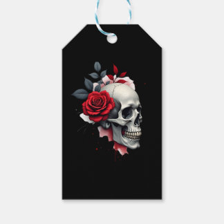 バラの骨格ドクロの手 赤い花 バラ Tシャツ ( ギフトタグ