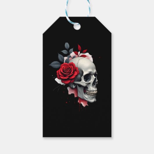 バラの骨格ドクロの手 赤い花 バラ Tシャツ ( ギフトタグ (正面)