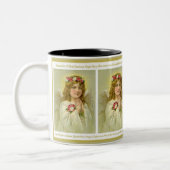 バラのMemorareの祈りの言葉とのヴィンテージの女の子の天使 ツートーンマグカップ (左)