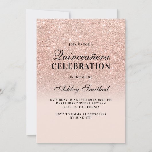 バラはっきりした金ゴールドグリッターエレガントチックキンセアニェラ 招待状 (正面)