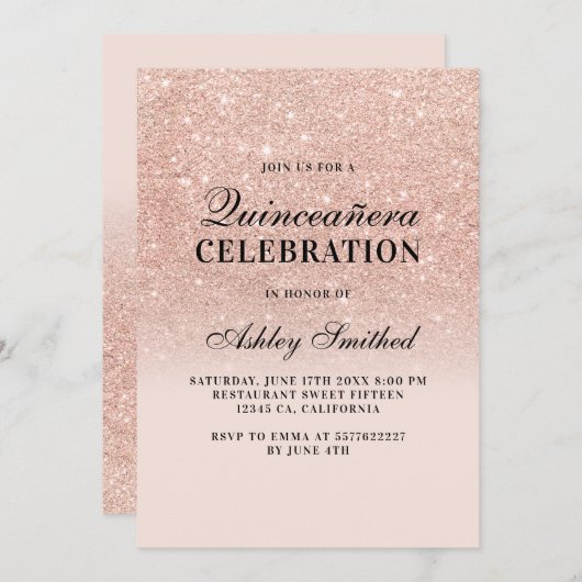 バラはっきりした金ゴールドグリッターエレガントチックキンセアニェラ 招待状 (正面/裏面)