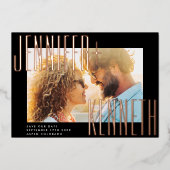 バラはっきりした金ゴールド名フォトQRコード日付を保存 箔招待状 (正面)