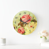 バラはピンクと黄色のみすぼらしいシックなヴィンテージ ラージ壁時計 (ホーム)