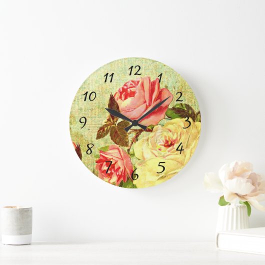 バラはピンクと黄色のみすぼらしいシックなヴィンテージ ラージ壁時計 (ホーム)