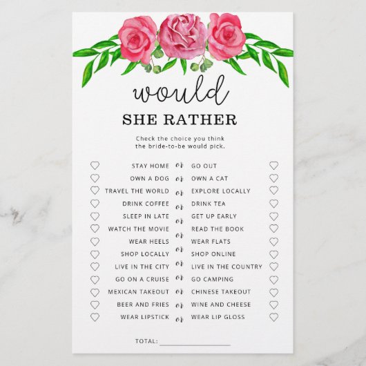 バラは彼女はむしろブライダルシャワーゲーム (正面)