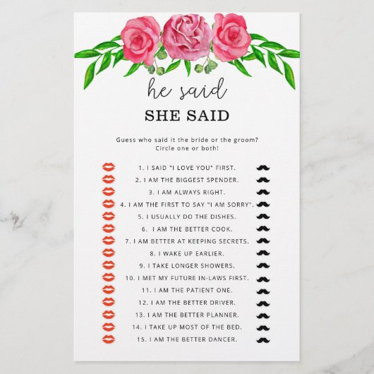 バラは彼女はブライダルシャワーゲームと言った (正面)