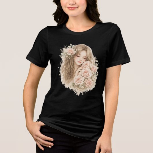 バラを持つ少女 トライブレンドTシャツ (正面)
