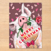 バラを持つ紳士豚の面白いクリスマスカード アクリル招待状 (正面)