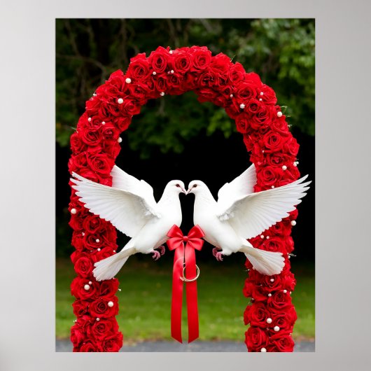 バラアーチの赤いリボンの白い鳩 ポスター (正面)