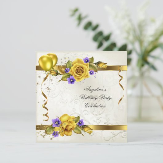 バライエロー金ゴールドパープルクリームバースデーパーティー 招待状 (スタンド正面)