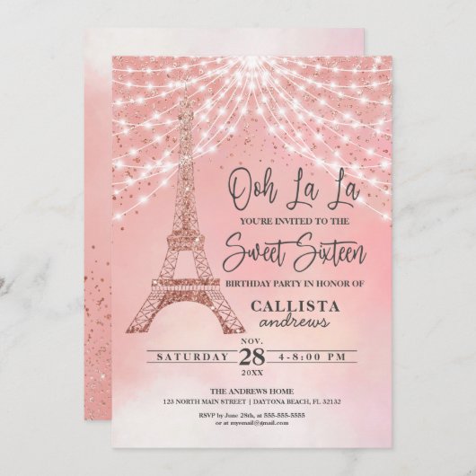 バラエッフェルタワーグリッタースパークルズライトスウィート16 招待状 (正面/裏面)