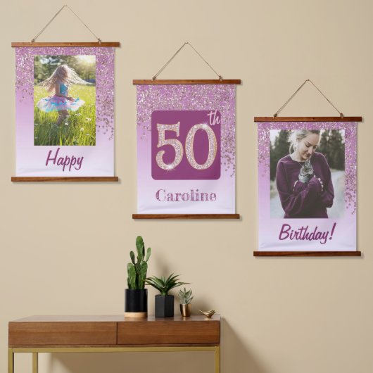 バラエティーな薔薇金ラメ、写真 50歳の誕生日 吊り下げ型タペストリー (非対称)