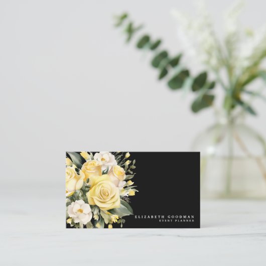 バラエレガントイエローブラックフラワーズビジネスカード 名刺 (スタンド正面)