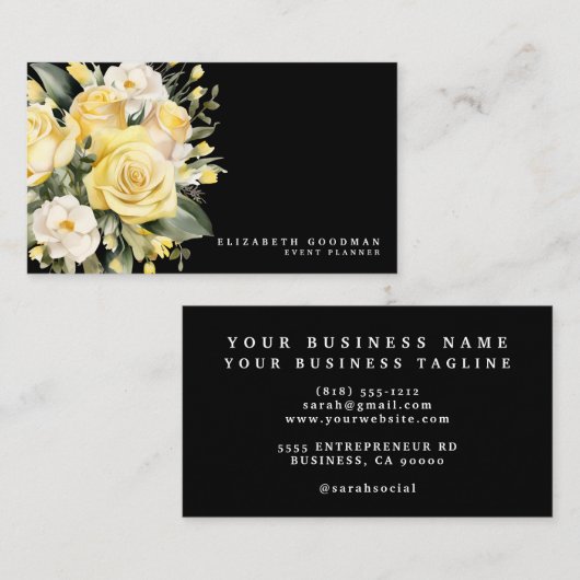 バラエレガントイエローブラックフラワーズビジネスカード 名刺 (正面/裏面)