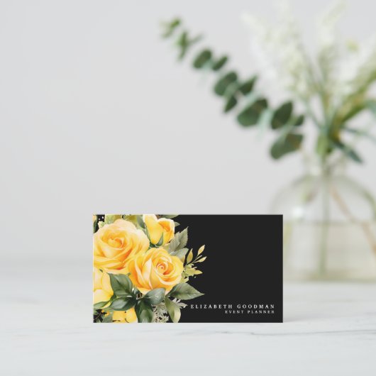 バラエレガントイエローブラックフラワーズビジネスカード 名刺 (スタンド正面)